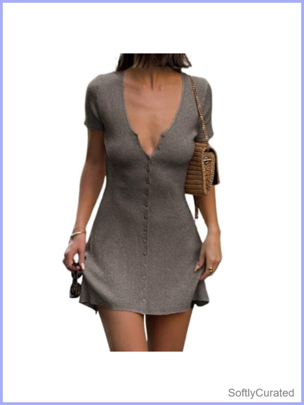 Button Down A-Line Knit Mini Dress V Neck Short Sleeve Fit Flare Ribbed